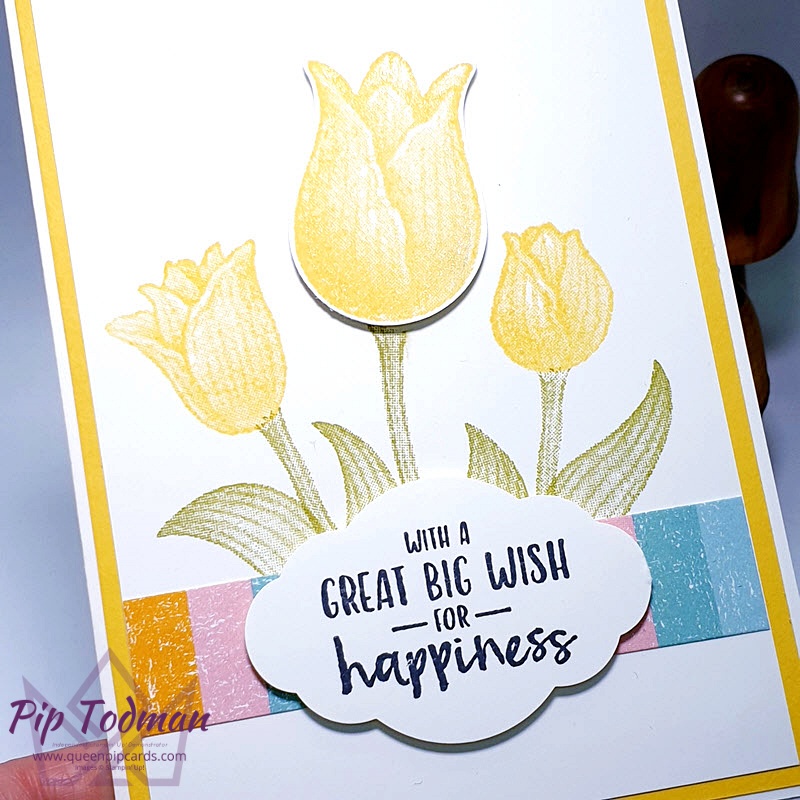 1 Layout 2 Stamp Sets - Timeless Tulips and Positive Thoughts - see how different you can make a card look just by changing a stamp set! Pip Todman www.queenpipcards.com Stampin' Up! Independent Demonstrator UK