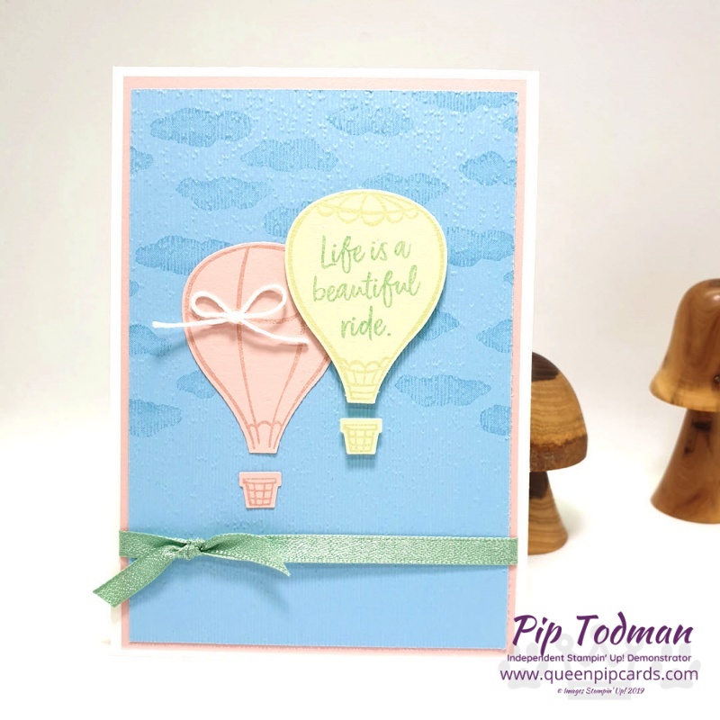 Above the Clouds in pastels is today's card. Soft blues, pinks and greens give a really sutble feel both in the embossed card base and colour scheme. Pip Todman www.queenpipcards.com Stampin' Up! Independent Demonstrator UK 