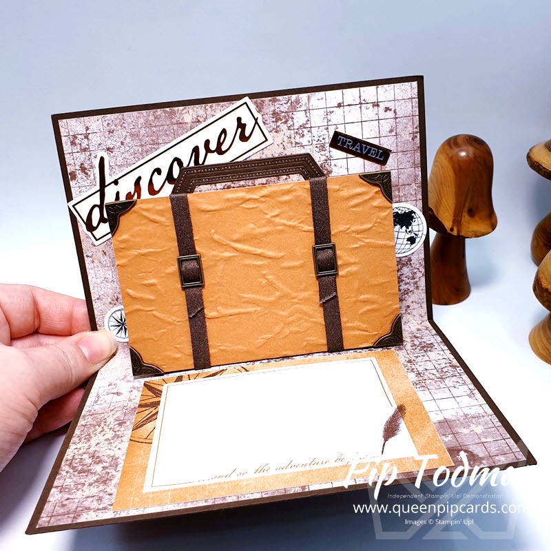 A World of Good Luggage Pop Up Card for your inspiration! Pip Todman Stampin' Up! Demonstrator #simplystylish #queenpipcards