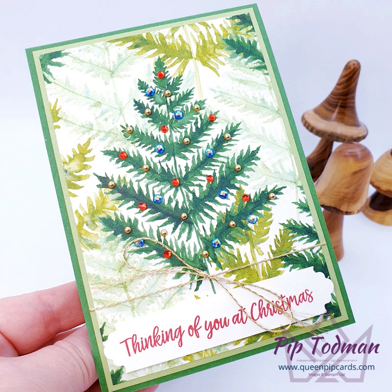 Sparkly Christmas Tree Card with Forever Greenery papers.  Pip Todman Stampin' Up! Demonstrator #simplystylish #queenpipcards