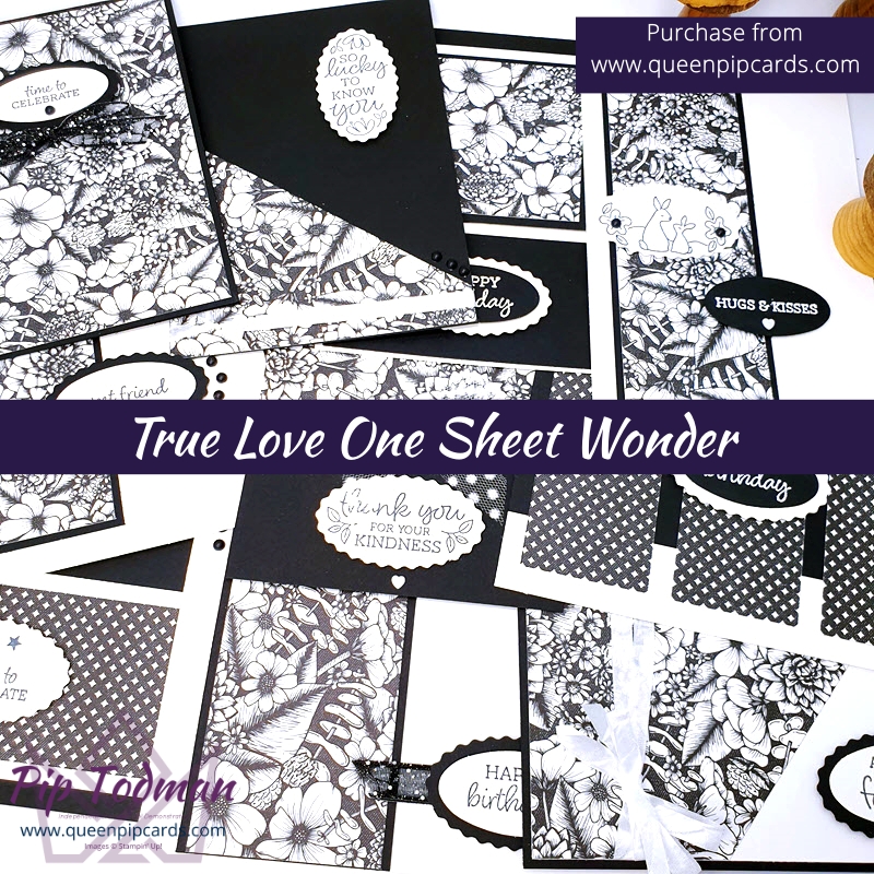 True Love One Sheet Wonder - make 10 fabulous monochrome cards with 1 sheet of paper! Pip Todman UK Stampin' Up! Demonstrator www.queenpipcards.com #queenpipcards #simplystylish #stampinup #newcardmakers #newhobby #cardmaking